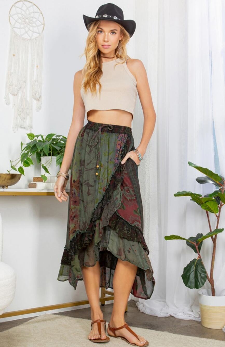 Young Threads Patchwork Wrap Skirt Size L NWT Ruffle Hem Pockets Rustic Romantic